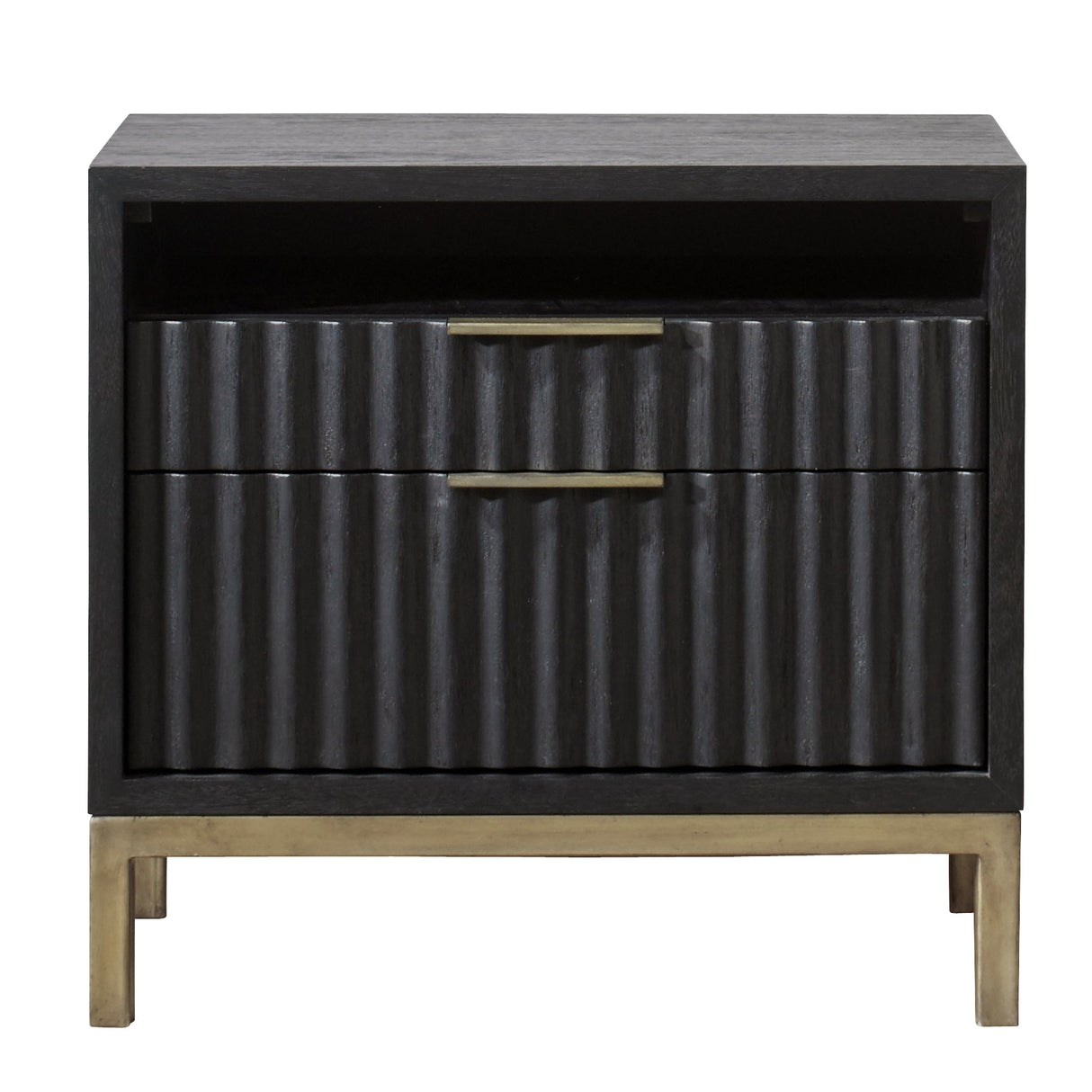 Kentfield Black Drifted Oak Solid Wood Two Drawer Nightstand by Modus Furniture at Eve Furniture