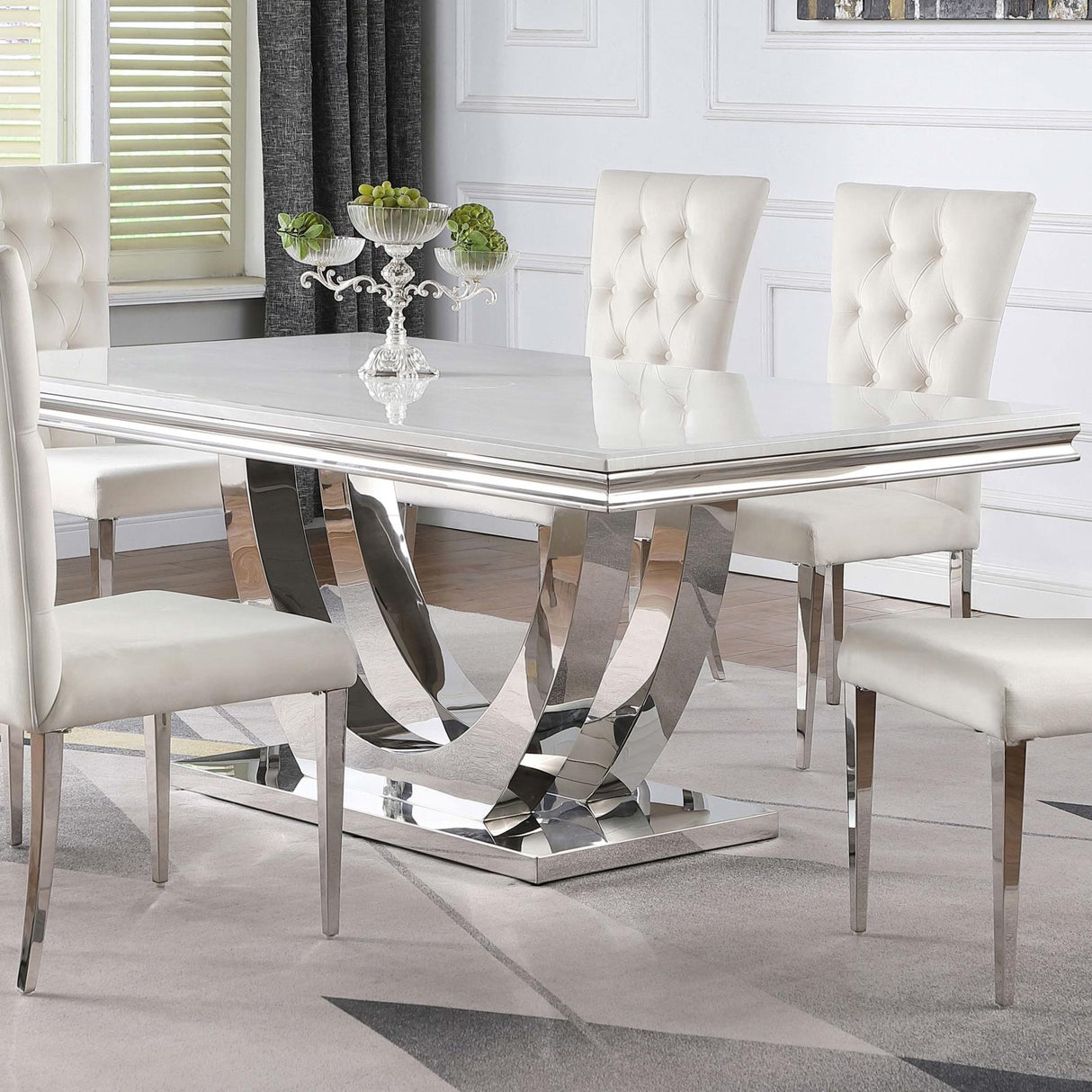 Kerwin White/Chrome Rectangle Faux Marble Top Dining Table