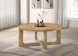 Kessler Light Oak Round Sculptural Wood Coffee Table by Coaster at Eve Furniture