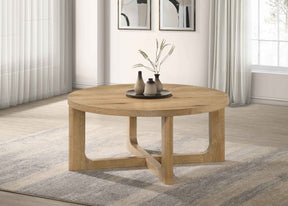 Kessler Light Oak Round Sculptural Wood Coffee Table by Coaster at Eve Furniture