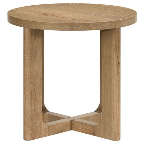 Kessler Light Oak Round Sculptural Wood End Table by Coaster at Eve Furniture