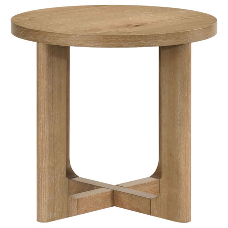 Kessler Light Oak Round Sculptural Wood End Table by Coaster at Eve Furniture