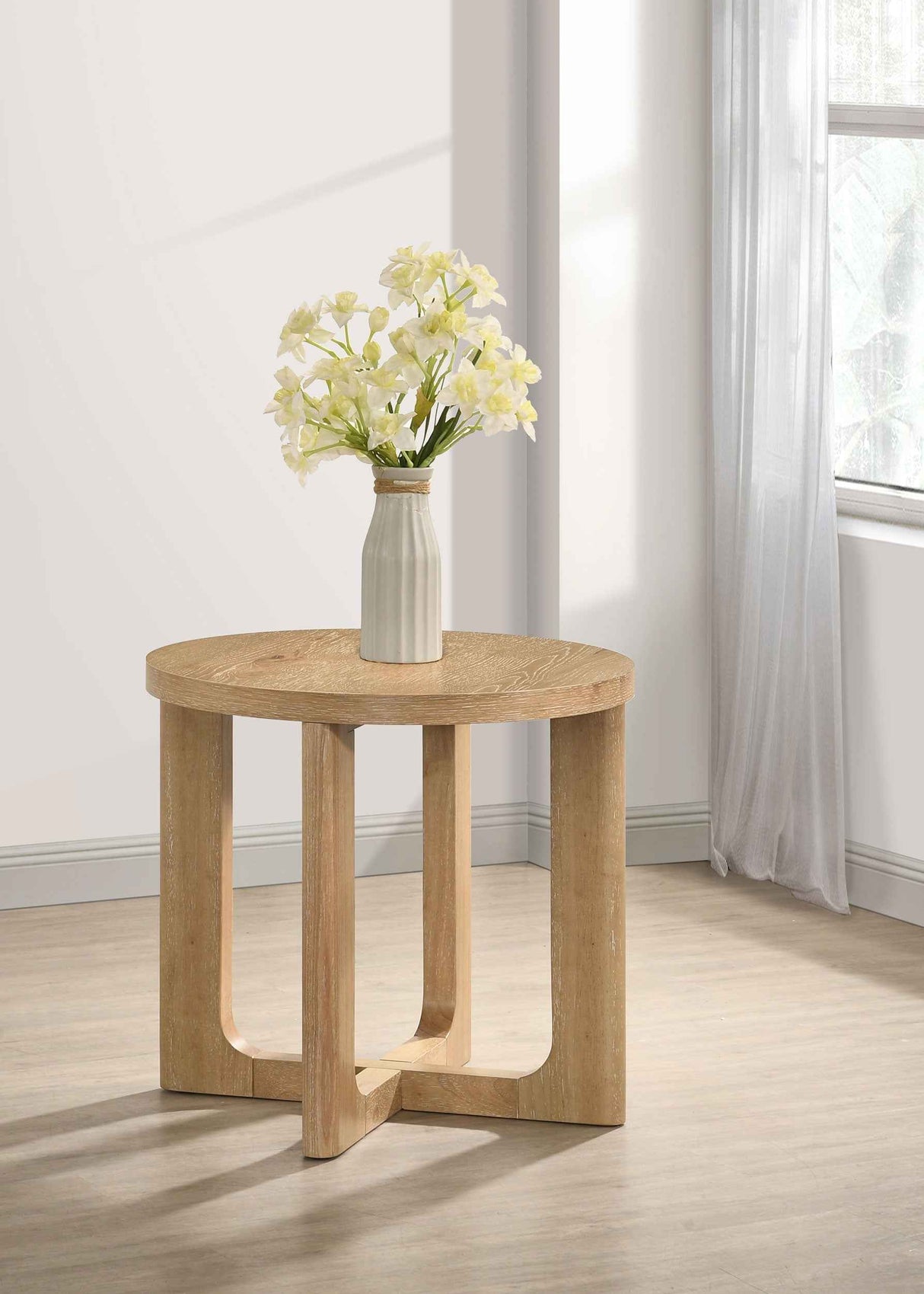 Kessler Light Oak Round Sculptural Wood End Table by Coaster at Eve Furniture