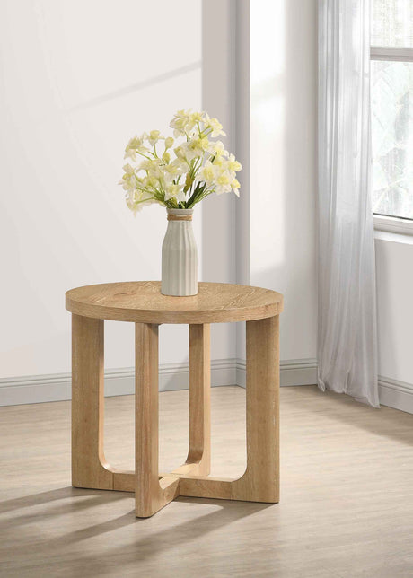Kessler Light Oak Round Sculptural Wood End Table by Coaster at Eve Furniture