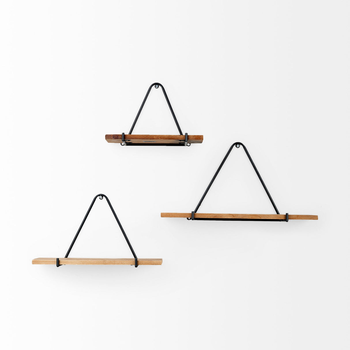 Khufu Set of Three Brown Wood W/ Black Metal Triangular Hanging Shelves by Mercana at Eve Furniture
