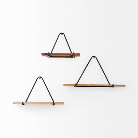 Khufu Set of Three Brown Wood W/ Black Metal Triangular Hanging Shelves by Mercana at Eve Furniture