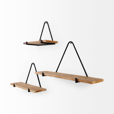 Khufu Set of Three Brown Wood W/ Black Metal Triangular Hanging Shelves by Mercana at Eve Furniture
