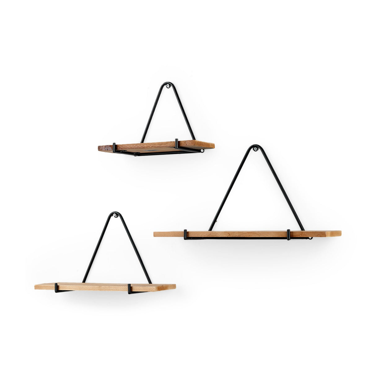 Khufu Set of Three Brown Wood W/ Black Metal Triangular Hanging Shelves by Mercana at Eve Furniture
