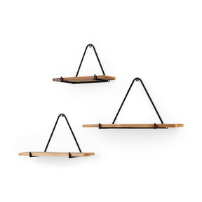 Khufu Set of Three Brown Wood W/ Black Metal Triangular Hanging Shelves by Mercana at Eve Furniture