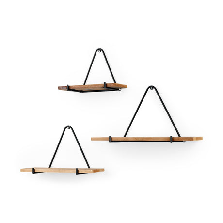 Khufu Set of Three Brown Wood W/ Black Metal Triangular Hanging Shelves by Mercana at Eve Furniture