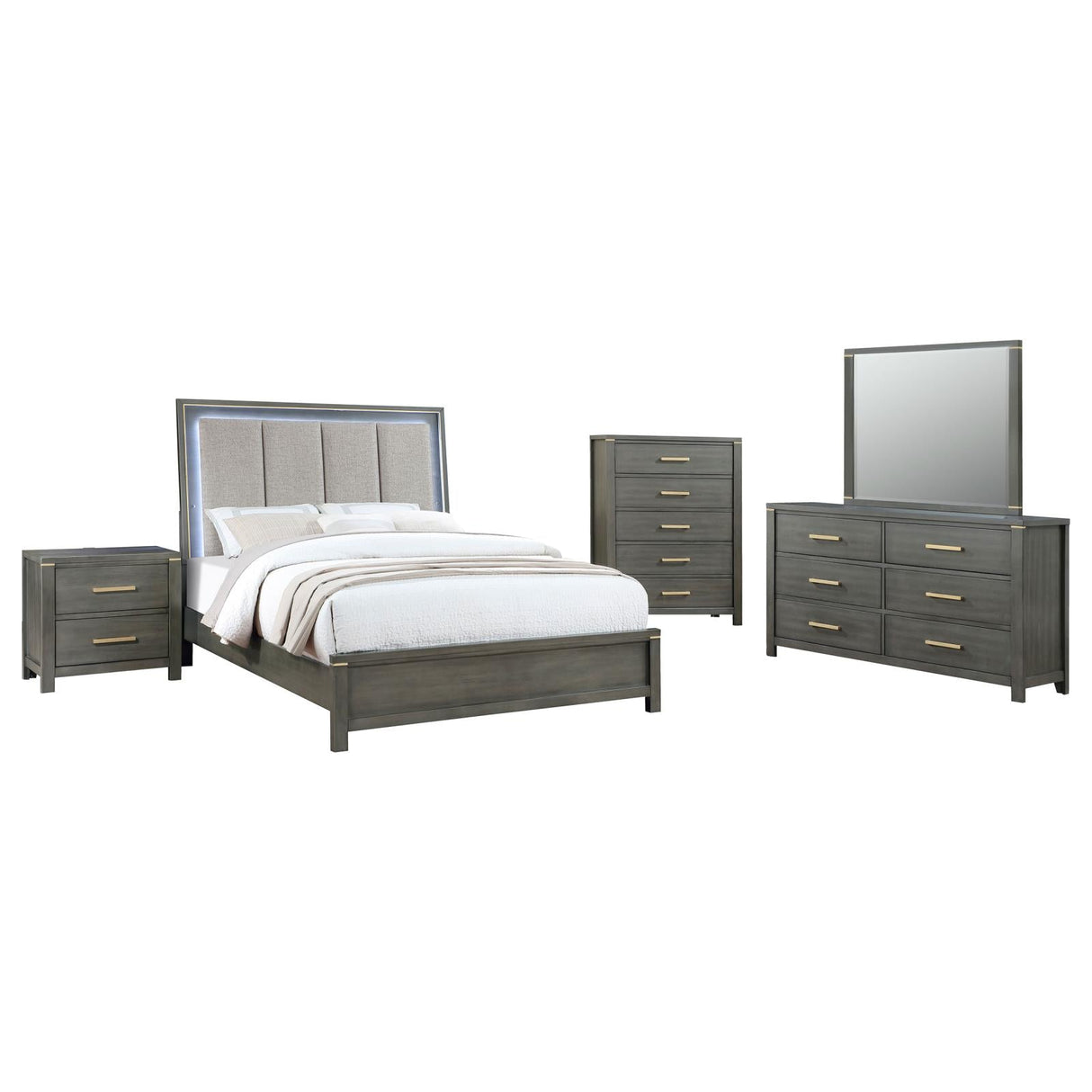 Kieran Grey 5-Piece California King Bedroom Set with Upholstered LED Headboard