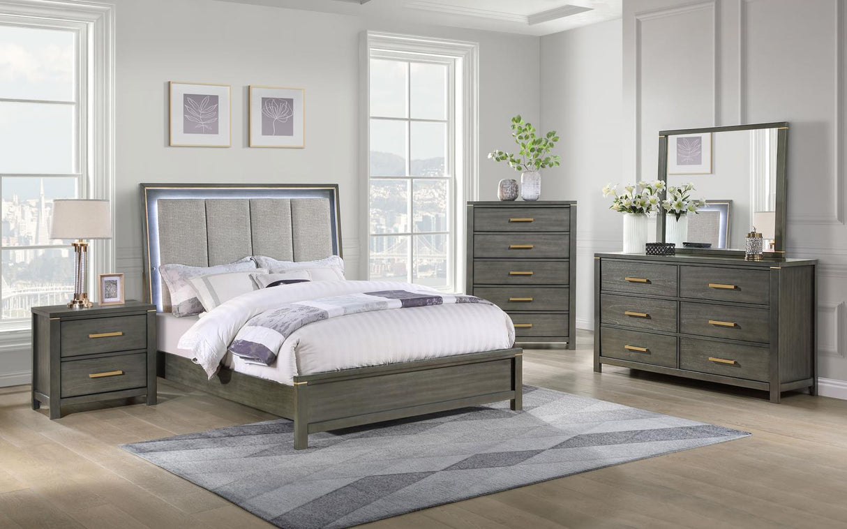 Kieran Grey 5-Piece Eastern King Bedroom Set with Upholstered LED Headboard