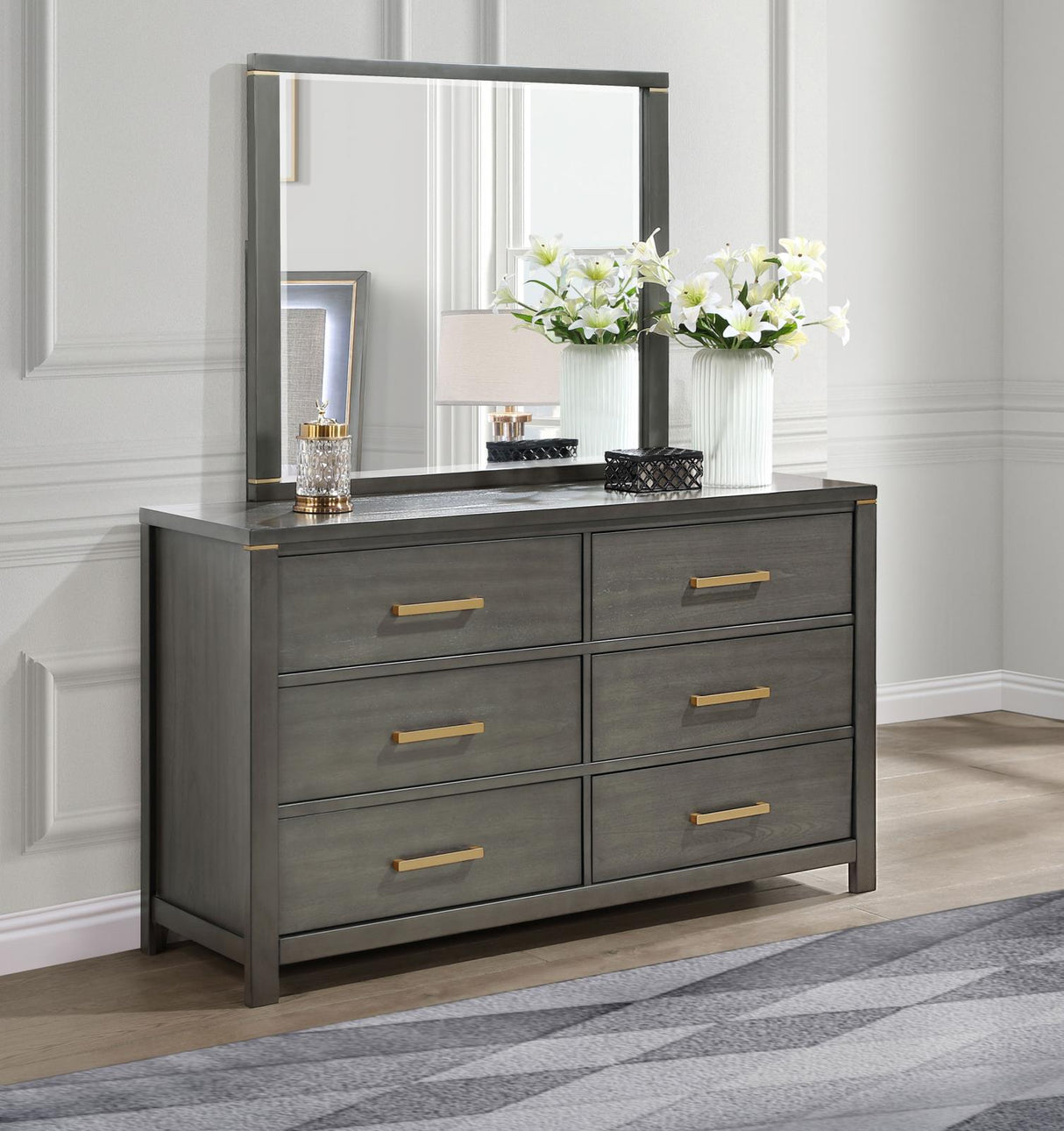 Kieran Grey 6-Drawer Bedroom Dresser with Mirror