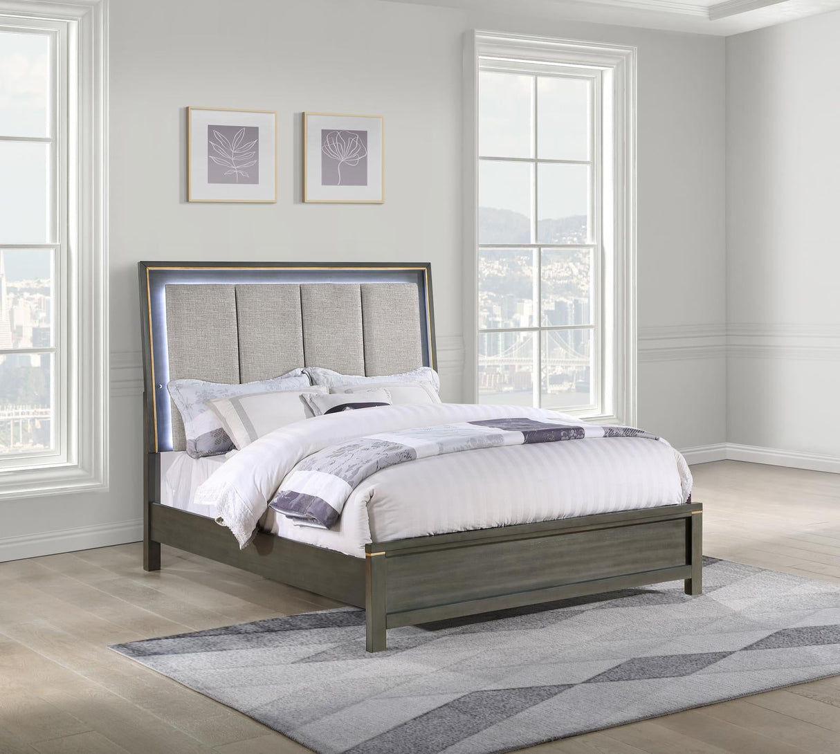 Kieran California King Panel Bed with Upholstered LED Headboard Grey