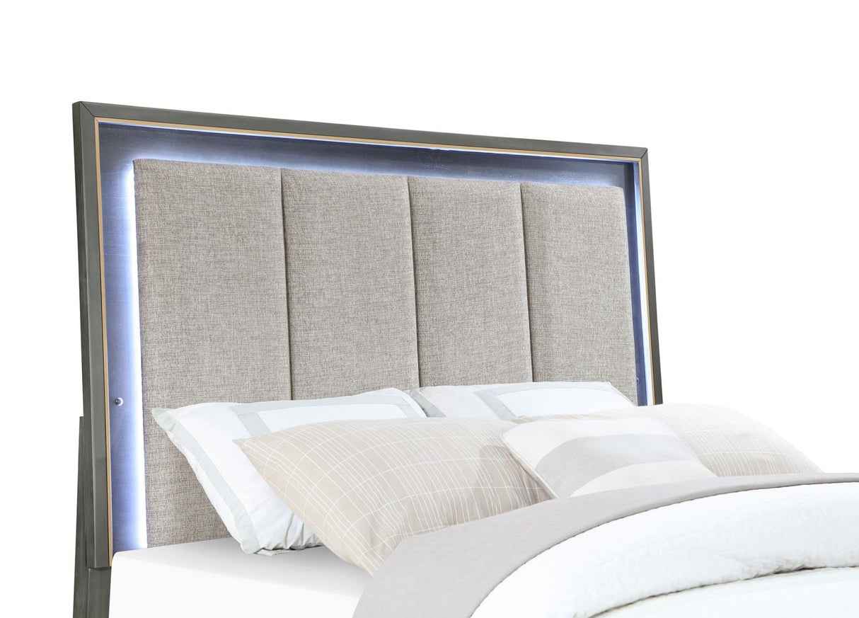 Kieran Eastern King Panel Bed with Upholstered LED Headboard Grey