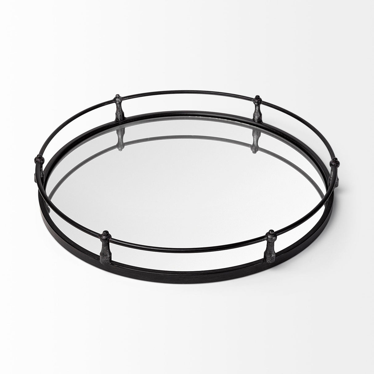 Kimbel 24L x 24W Black Metal Mirrored Base Round Tray by Mercana at Eve Furniture