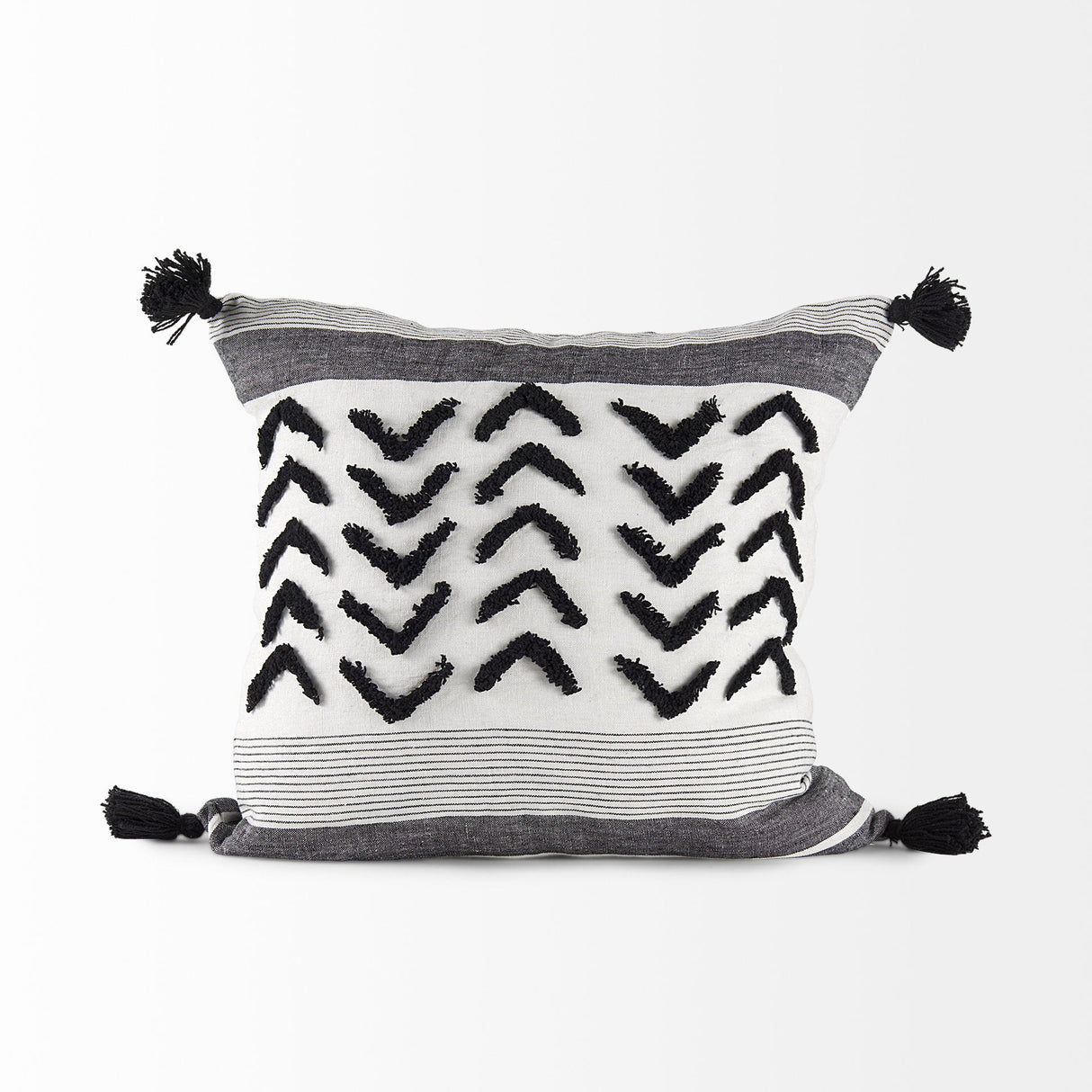 Kimia White and Black Fabric Herringbone and Fringed Decorative Pillow Cover by Mercana at Eve Furniture