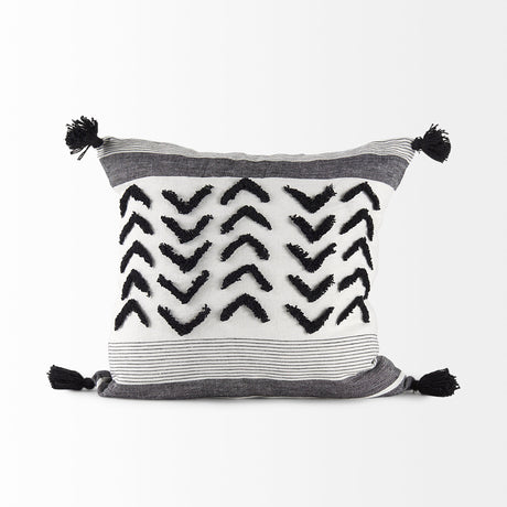 Kimia White and Black Fabric Herringbone and Fringed Decorative Pillow Cover by Mercana at Eve Furniture