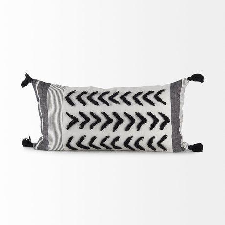 Kimia White and Black Fabric Herringbone and Fringed Decorative Pillow Cover by Mercana at Eve Furniture