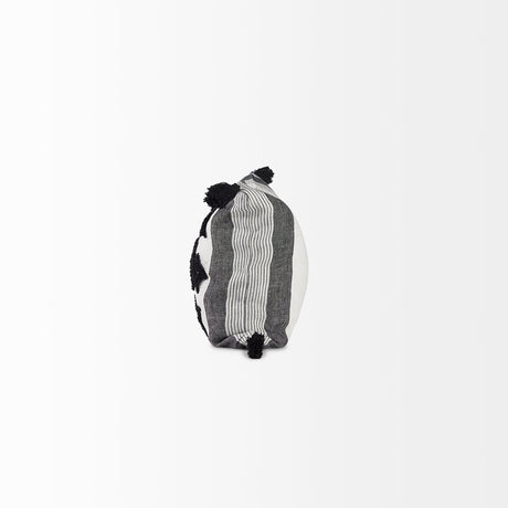Kimia White and Black Fabric Herringbone and Fringed Decorative Pillow Cover by Mercana at Eve Furniture