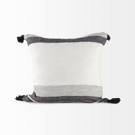 Kimia White and Black Fabric Herringbone and Fringed Decorative Pillow Cover by Mercana at Eve Furniture