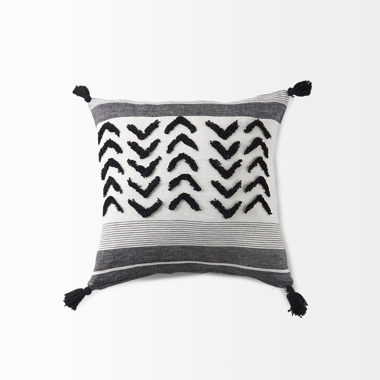 Kimia White and Black Fabric Herringbone and Fringed Decorative Pillow Cover by Mercana at Eve Furniture