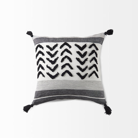 Kimia White and Black Fabric Herringbone and Fringed Decorative Pillow Cover by Mercana at Eve Furniture