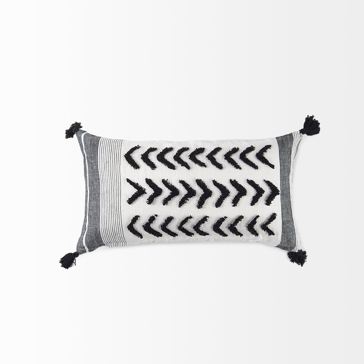 Kimia White and Black Fabric Herringbone and Fringed Decorative Pillow Cover by Mercana at Eve Furniture