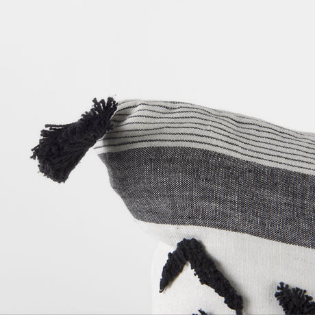 Kimia White and Black Fabric Herringbone and Fringed Decorative Pillow Cover by Mercana at Eve Furniture