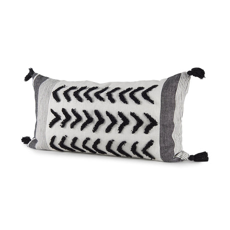 Kimia White and Black Fabric Herringbone and Fringed Decorative Pillow Cover by Mercana at Eve Furniture