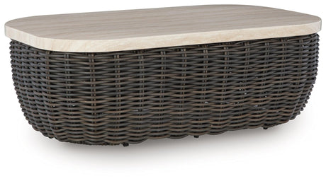 Kimora Beige/Dark Brown Outdoor Coffee Table by Ashley at Eve Furniture