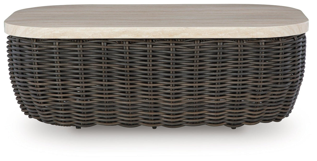 Kimora Beige/Dark Brown Outdoor Coffee Table by Ashley at Eve Furniture