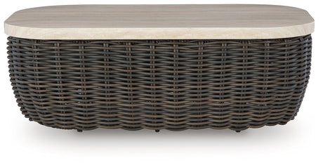 Kimora Beige/Dark Brown Outdoor Coffee Table by Ashley at Eve Furniture