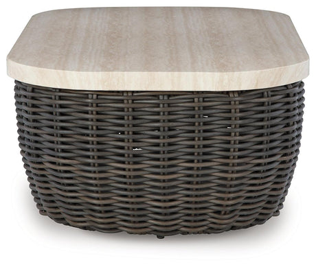 Kimora Beige/Dark Brown Outdoor Coffee Table by Ashley at Eve Furniture