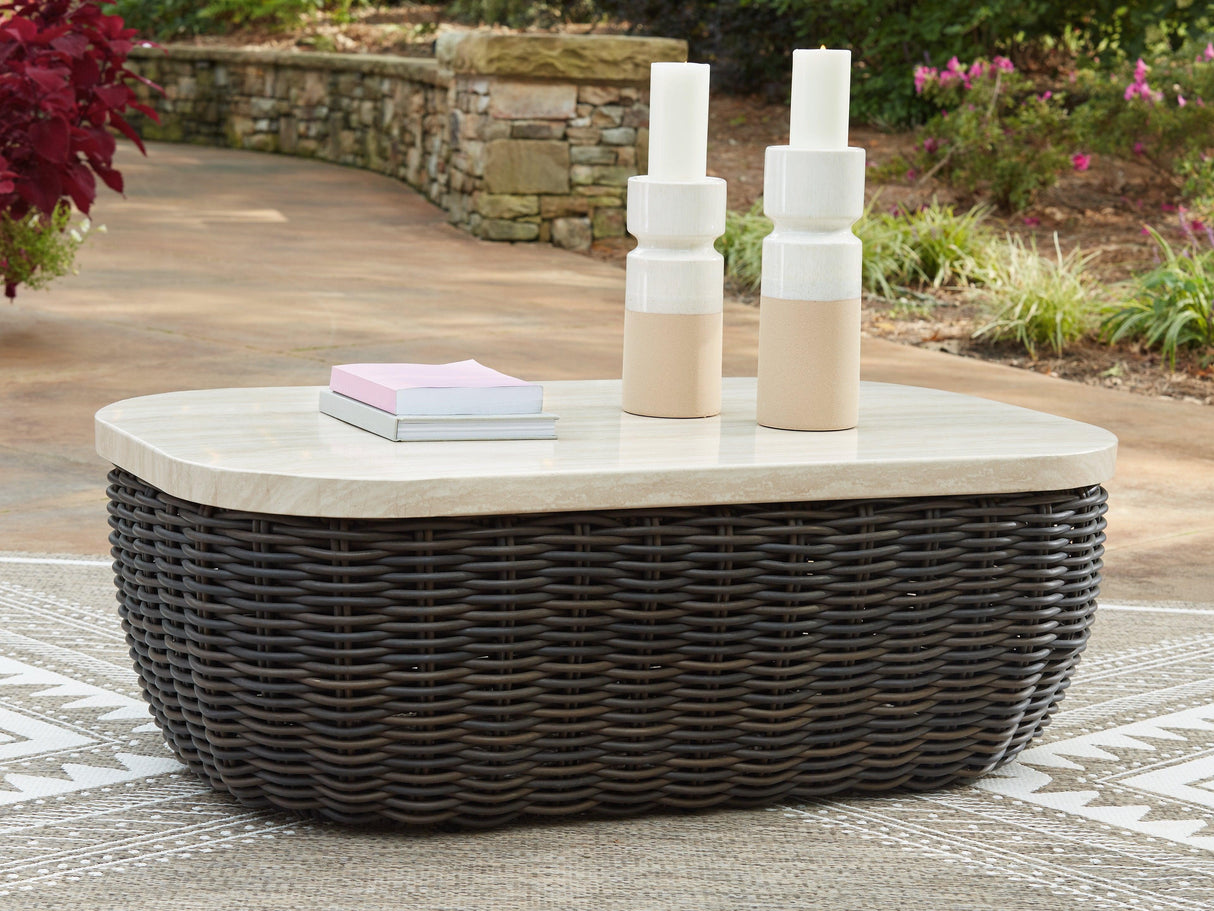 Kimora Beige/Dark Brown Outdoor Coffee Table by Ashley at Eve Furniture