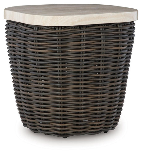 Kimora Beige/Dark Brown Outdoor End Table by Ashley at Eve Furniture