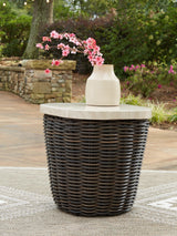 Kimora Beige/Dark Brown Outdoor End Table by Ashley at Eve Furniture