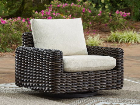 Kimora Beige/Dark Brown Outdoor Swivel Lounge Chair by Ashley at Eve Furniture