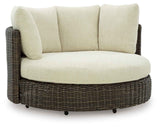 Kimora Beige/Dark Brown Outdoor Swivel Lounge Chair with Cushion by Ashley at Eve Furniture