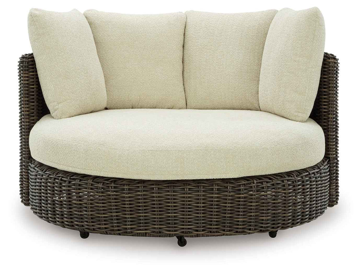 Kimora Beige/Dark Brown Outdoor Swivel Lounge Chair with Cushion by Ashley at Eve Furniture