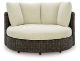Kimora Beige/Dark Brown Outdoor Swivel Lounge Chair with Cushion by Ashley at Eve Furniture