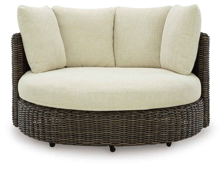 Kimora Beige/Dark Brown Outdoor Swivel Lounge Chair with Cushion by Ashley at Eve Furniture