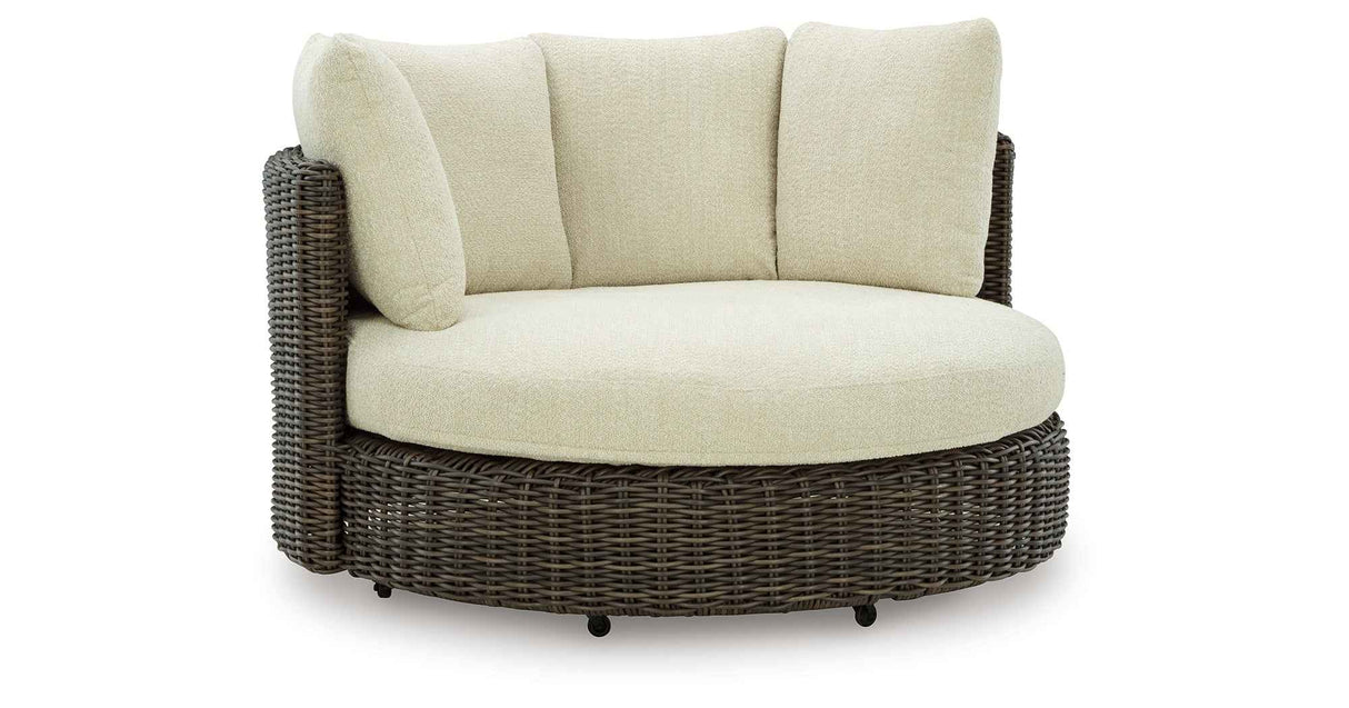 Kimora Beige/Dark Brown Outdoor Swivel Lounge Chair with Cushion by Ashley at Eve Furniture