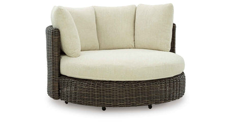 Kimora Beige/Dark Brown Outdoor Swivel Lounge Chair with Cushion by Ashley at Eve Furniture