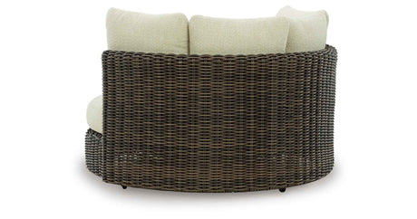 Kimora Beige/Dark Brown Outdoor Swivel Lounge Chair with Cushion by Ashley at Eve Furniture