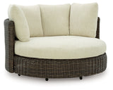 Kimora Beige/Dark Brown Outdoor Swivel Lounge Chair with Cushion by Ashley at Eve Furniture