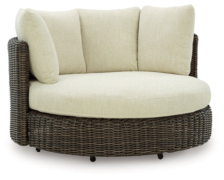 Kimora Beige/Dark Brown Outdoor Swivel Lounge Chair with Cushion by Ashley at Eve Furniture