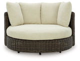Kimora Beige/Dark Brown Outdoor Swivel Lounge Chair with Cushion by Ashley at Eve Furniture