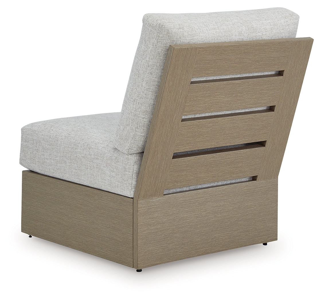 Kimpton Isle Brown/Beige Outdoor Armless Chair with Cushion by ASHLEY FURNITURE at Eve Furniture