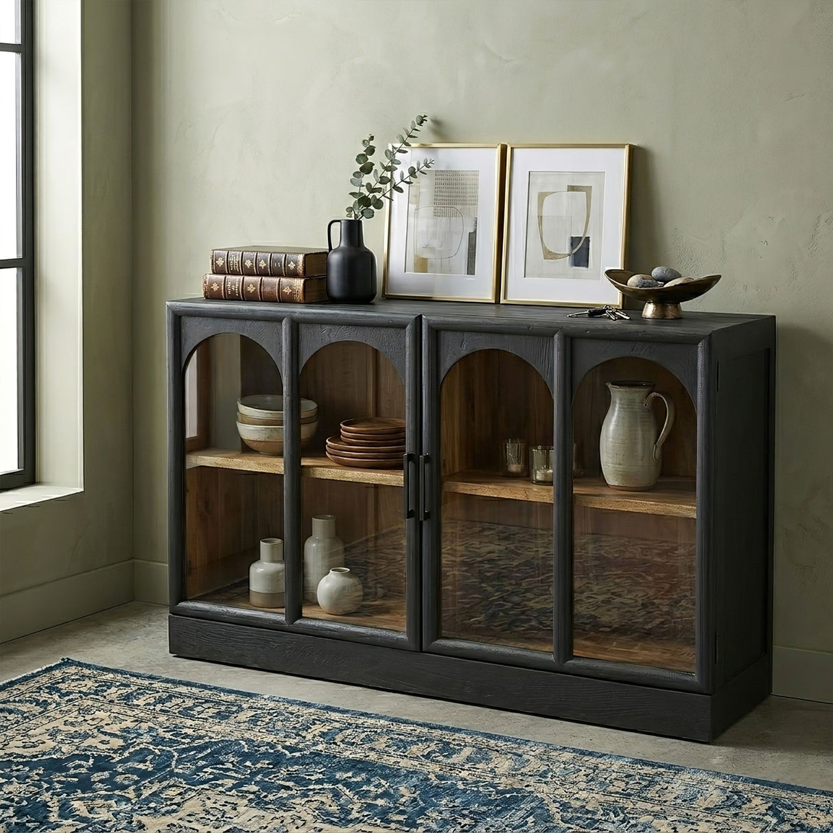 Kingston 48" Two Door Glass Cabinet in Black with Natural Interior by Home Trends & Design at Eve Furniture